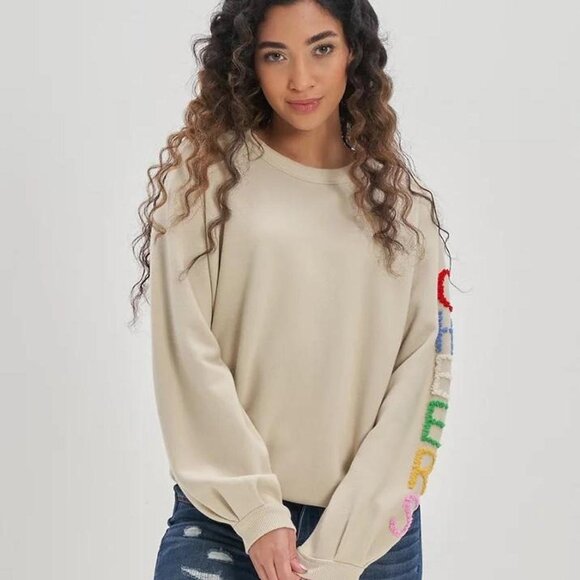 Aerie Cute Pleated Sleeve Crewneck Sweatshirt Cream Oversized Medium - Picture 1 of 5